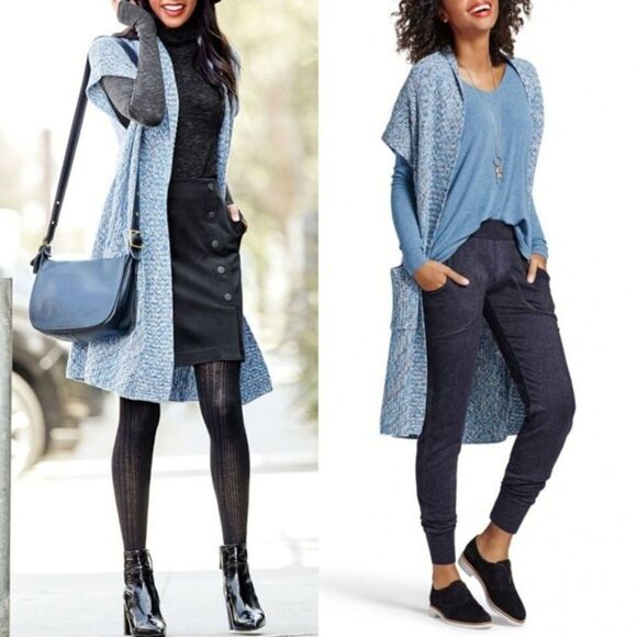 CABI Blue Knit Short Sleeve Duster Open Cardigan Cozy Sweater Size Small - Picture 1 of 7